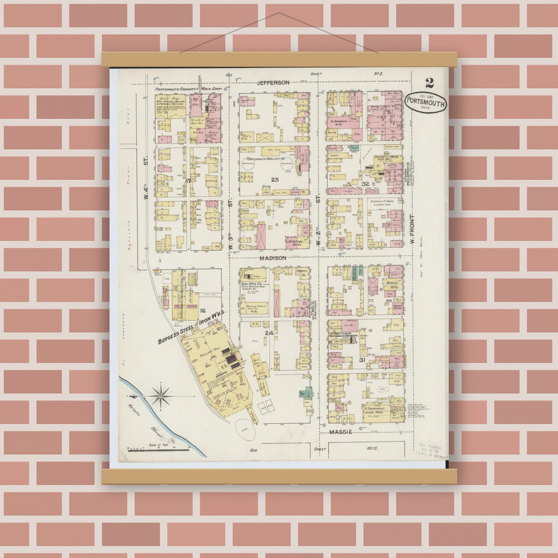 Old map wall art mockup — magnetic wood frame on brick wall — Sanborn Fire Insurance Map from Portsmouth, Scioto County, Ohio (1887), Sheet #0002