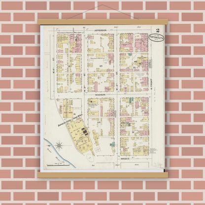 Old map wall art mockup — magnetic wood frame on brick wall — Sanborn Fire Insurance Map from Portsmouth, Scioto County, Ohio (1887), Sheet #0002