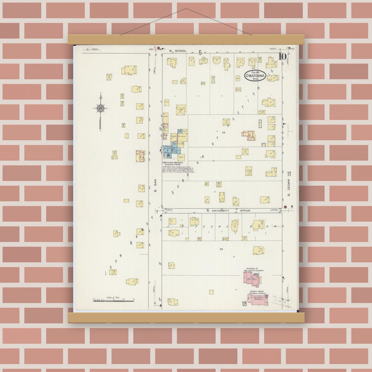 Old map wall art mockup — magnetic wood frame on brick wall — Sanborn Fire Insurance Map from Owatonna, Steele County, Minnesota (1915), Sheet #0010