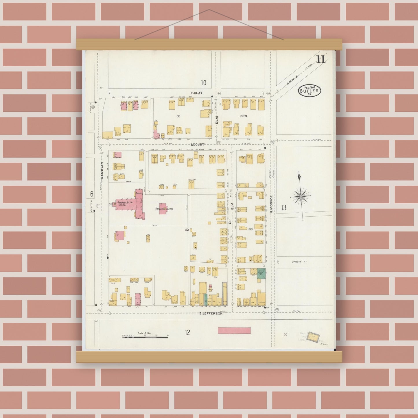 Old map wall art mockup — magnetic wood frame on brick wall — Sanborn Fire Insurance Map from Butler, Butler County, Pennsylvania (1906), Sheet #0011