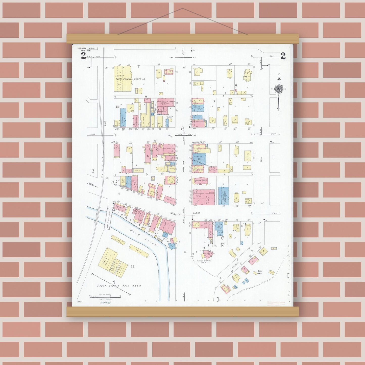 Old map wall art mockup — magnetic wood frame on brick wall — Sanborn Fire Insurance Map from Jordan, Scott County, Minnesota (1947), Sheet #0002