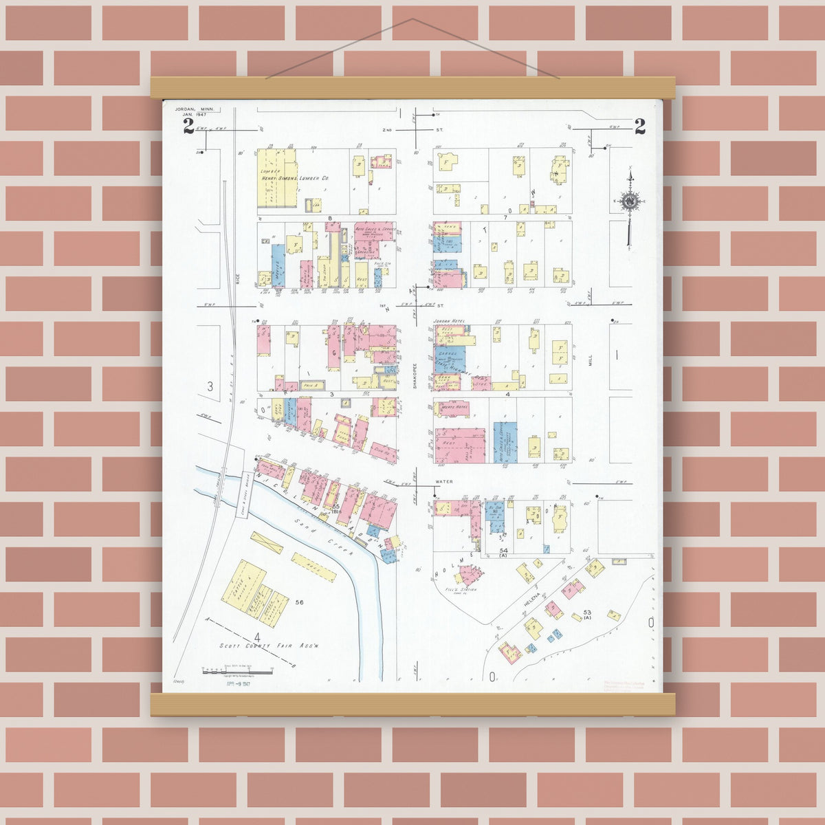 Old map wall art mockup — magnetic wood frame on brick wall — Sanborn Fire Insurance Map from Jordan, Scott County, Minnesota (1947), Sheet #0002