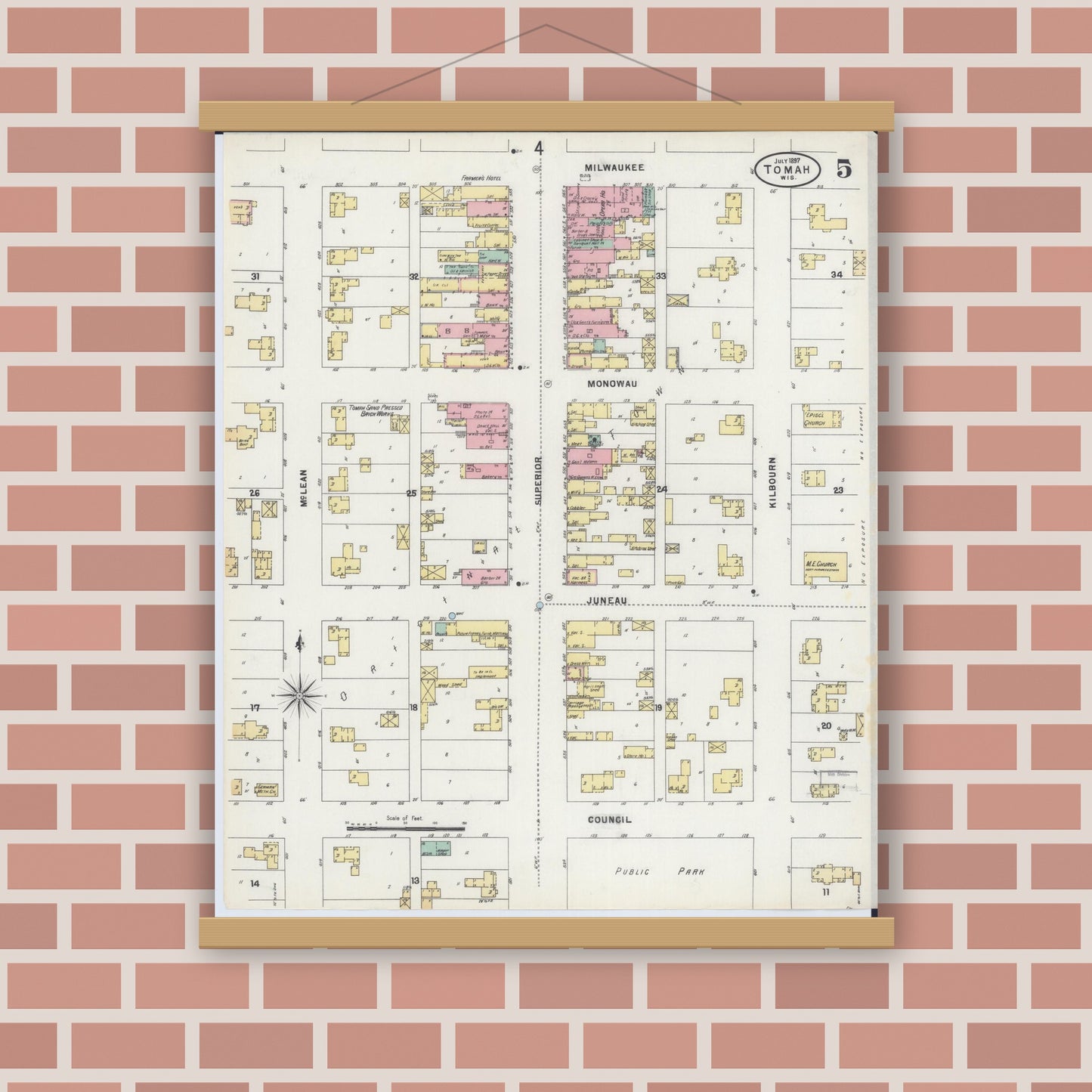 Old map wall art mockup — magnetic wood frame on brick wall — Sanborn Fire Insurance Map from Tomah, Monroe County, Wisconsin (1897), Sheet #0005