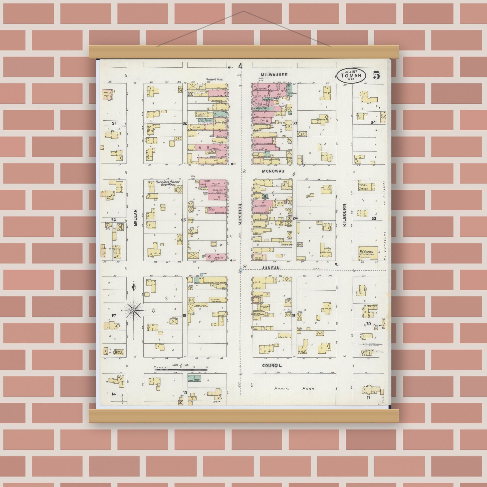 Old map wall art mockup — magnetic wood frame on brick wall — Sanborn Fire Insurance Map from Tomah, Monroe County, Wisconsin (1897), Sheet #0005
