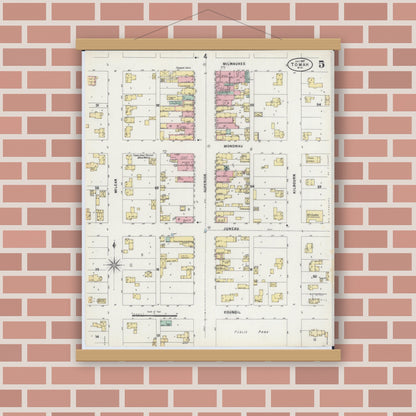 Old map wall art mockup — magnetic wood frame on brick wall — Sanborn Fire Insurance Map from Tomah, Monroe County, Wisconsin (1897), Sheet #0005