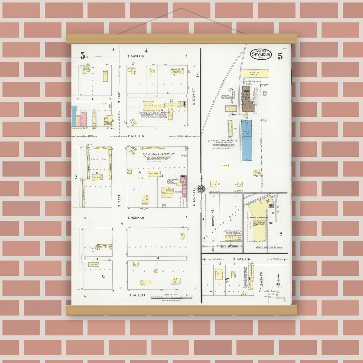 Old map wall art mockup — magnetic wood frame on brick wall — Sanborn Fire Insurance Map from Seymour, Baylor County, Texas (1925), Sheet #0005