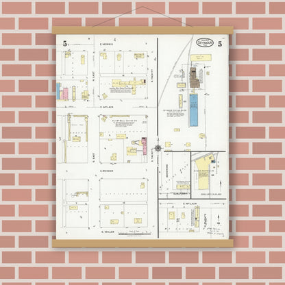 Old map wall art mockup — magnetic wood frame on brick wall — Sanborn Fire Insurance Map from Seymour, Baylor County, Texas (1925), Sheet #0005