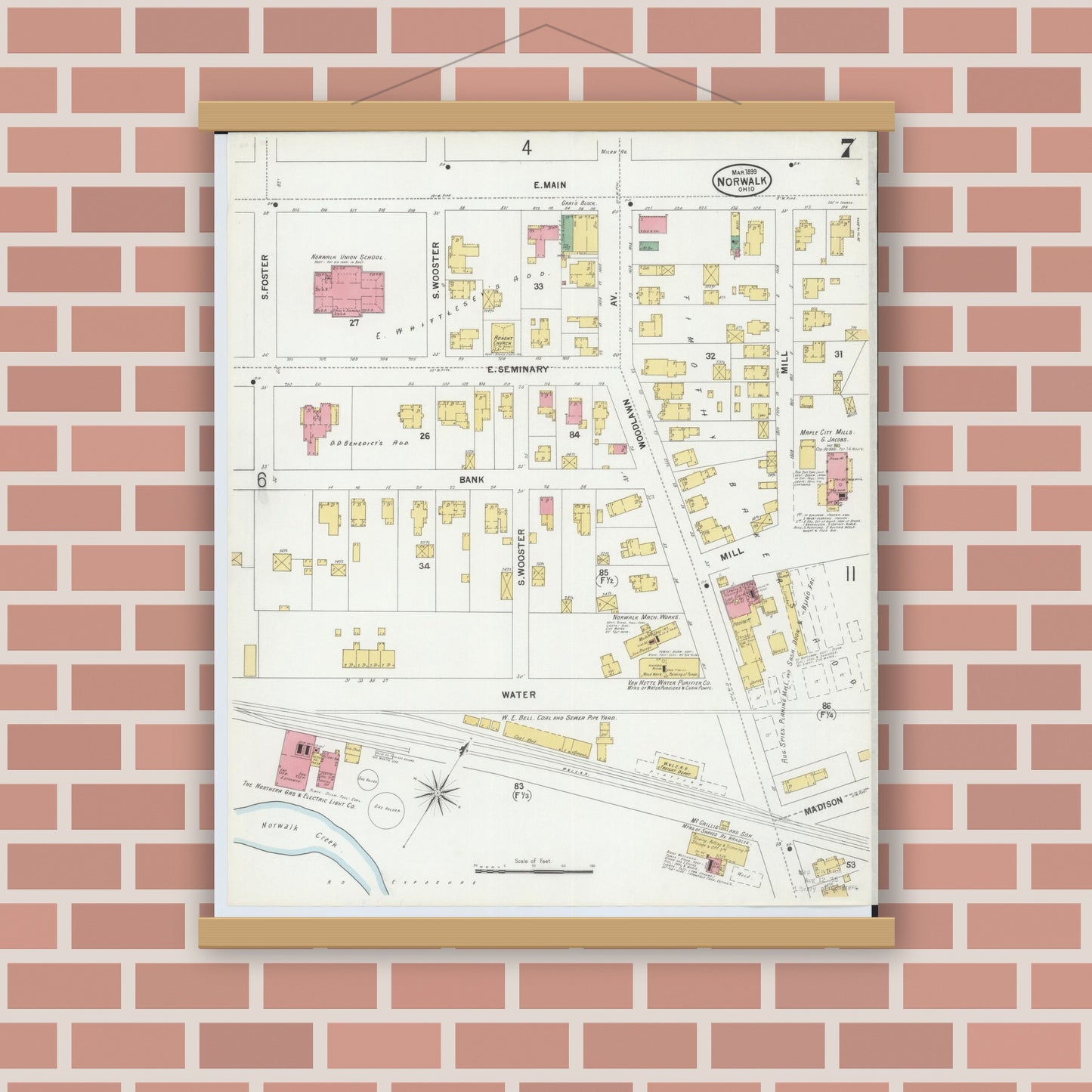 Old map wall art mockup — magnetic wood frame on brick wall — Sanborn Fire Insurance Map from Norwalk, Huron County, Ohio (1899), Sheet #0007