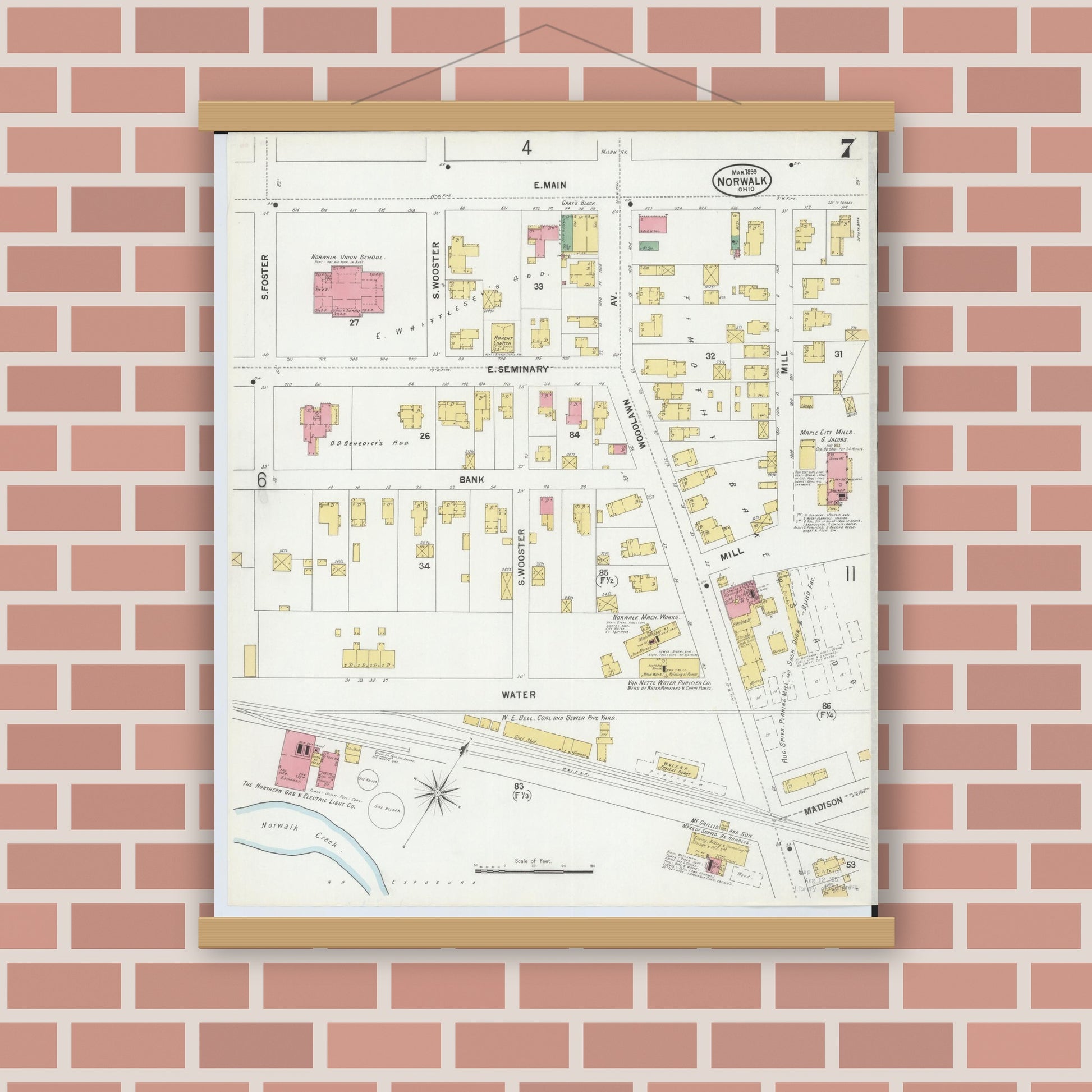 Old map wall art mockup — magnetic wood frame on brick wall — Sanborn Fire Insurance Map from Norwalk, Huron County, Ohio (1899), Sheet #0007