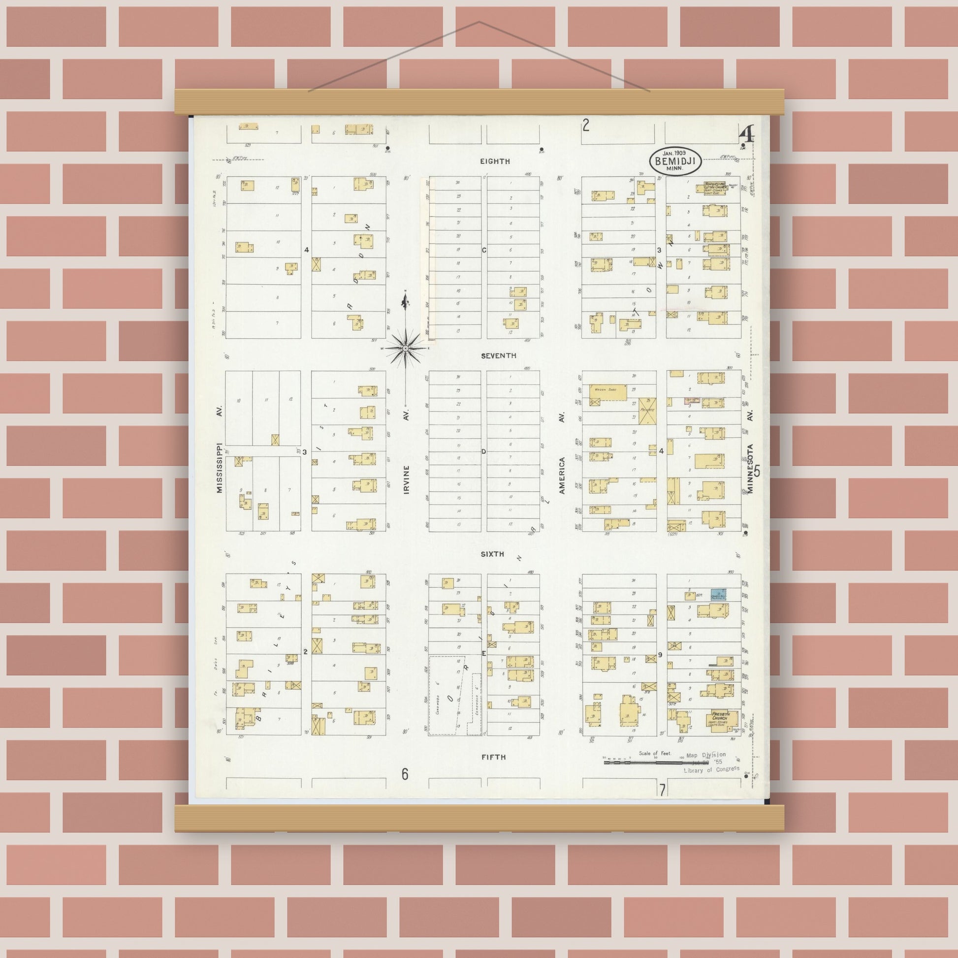 Old map wall art mockup — magnetic wood frame on brick wall — Sanborn Fire Insurance Map from Bemidji, Beltrami County, Minnesota (1909), Sheet #0004