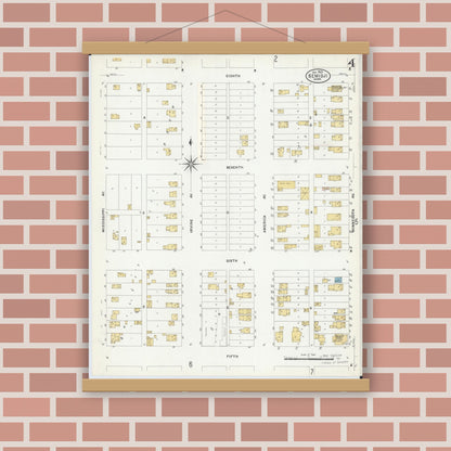 Old map wall art mockup — magnetic wood frame on brick wall — Sanborn Fire Insurance Map from Bemidji, Beltrami County, Minnesota (1909), Sheet #0004