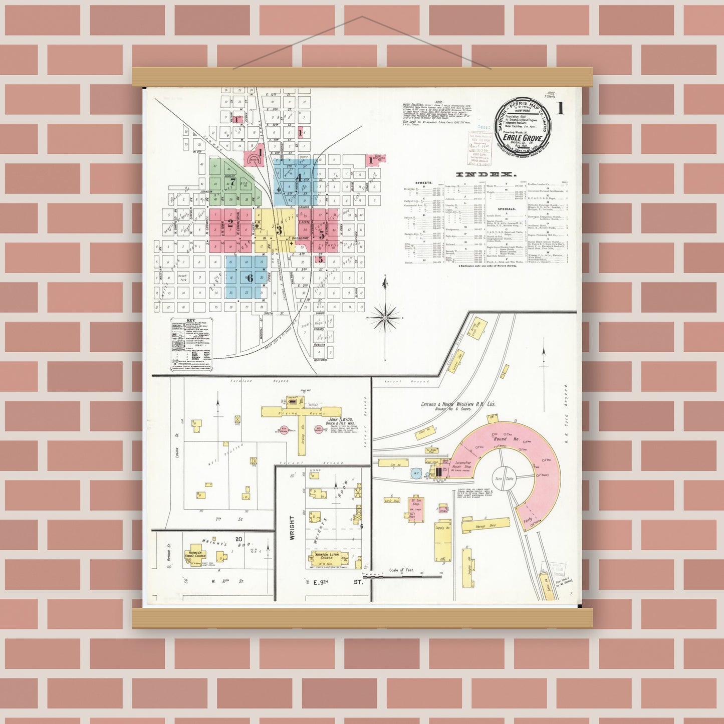 Old map wall art mockup — magnetic wood frame on brick wall — Sanborn Fire Insurance Map from Eagle Grove, Wright County, Iowa (1900) â€” Complete Set