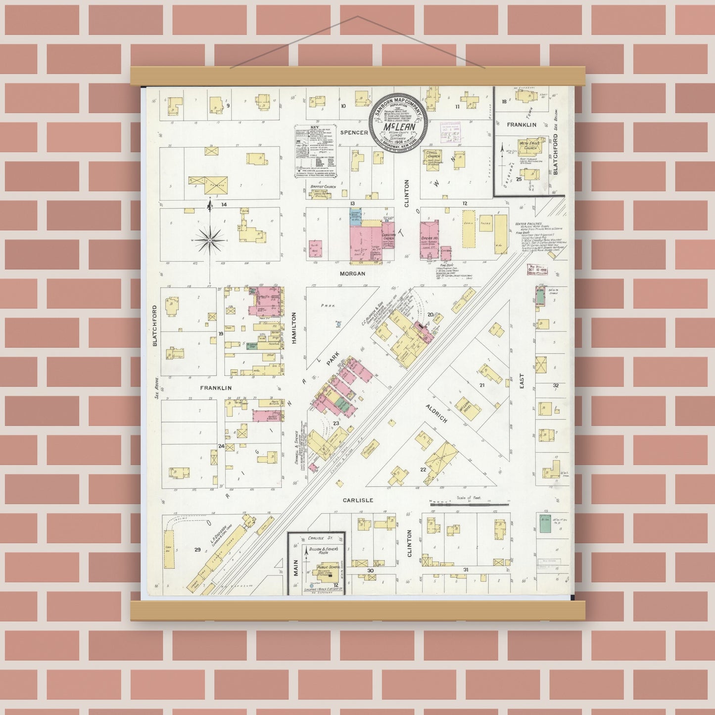 Old map wall art mockup — magnetic wood frame on brick wall — Sanborn Fire Insurance Map from Mclean, McLean County, Illinois (1908), Sheet #0001