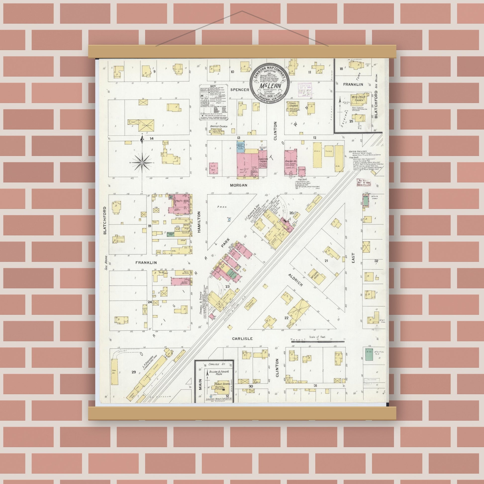 Old map wall art mockup — magnetic wood frame on brick wall — Sanborn Fire Insurance Map from Mclean, McLean County, Illinois (1908), Sheet #0001