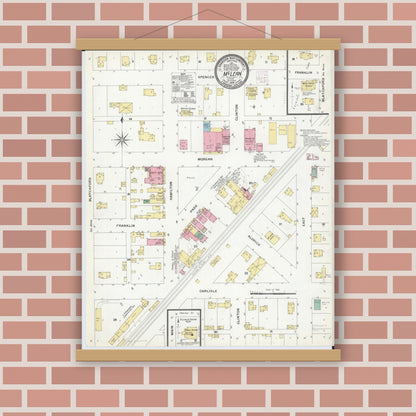 Old map wall art mockup — magnetic wood frame on brick wall — Sanborn Fire Insurance Map from Mclean, McLean County, Illinois (1908), Sheet #0001