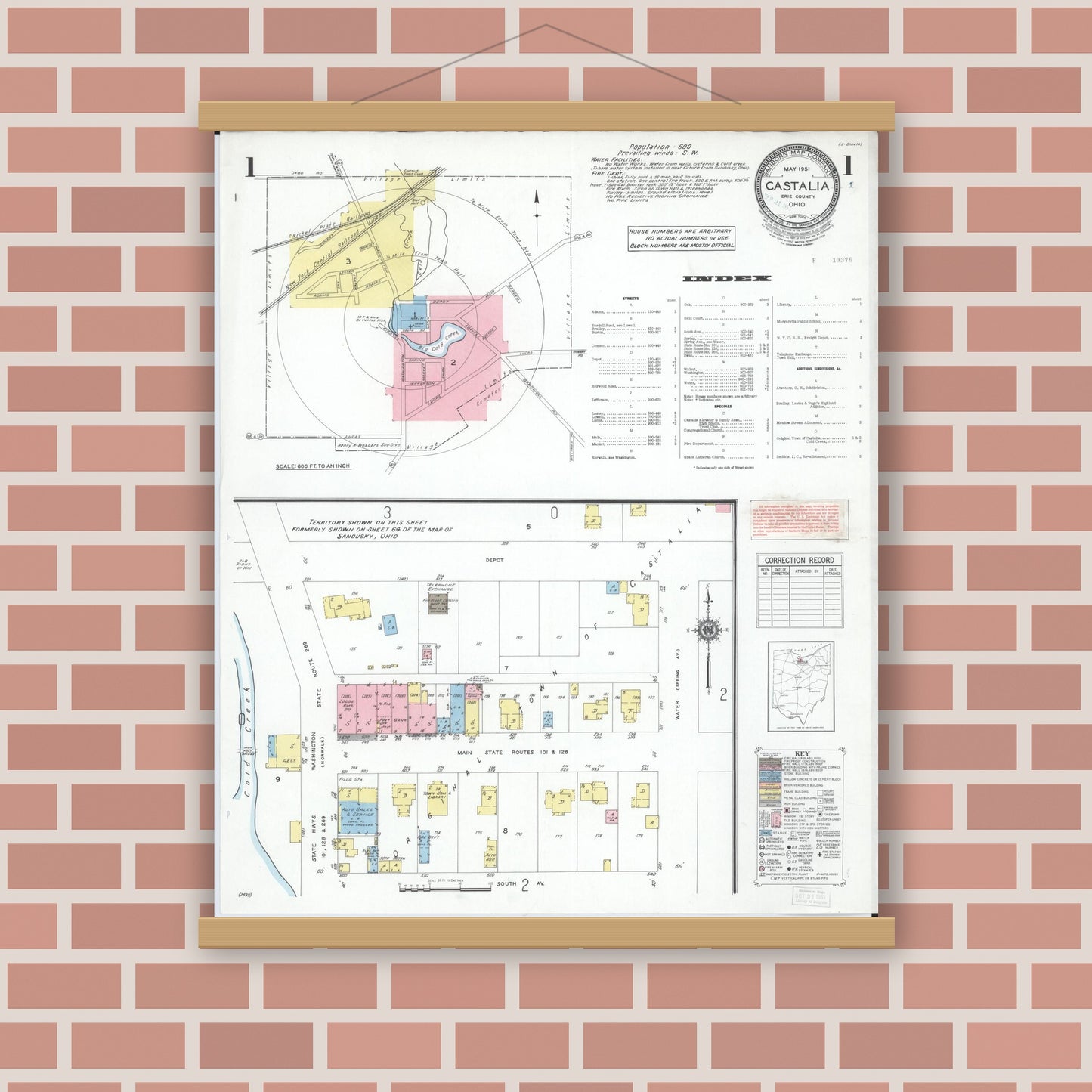 Old map wall art mockup — magnetic wood frame on brick wall — Sanborn Fire Insurance Map from Castalia, Erie County, Ohio (1951) - Complete Map Set