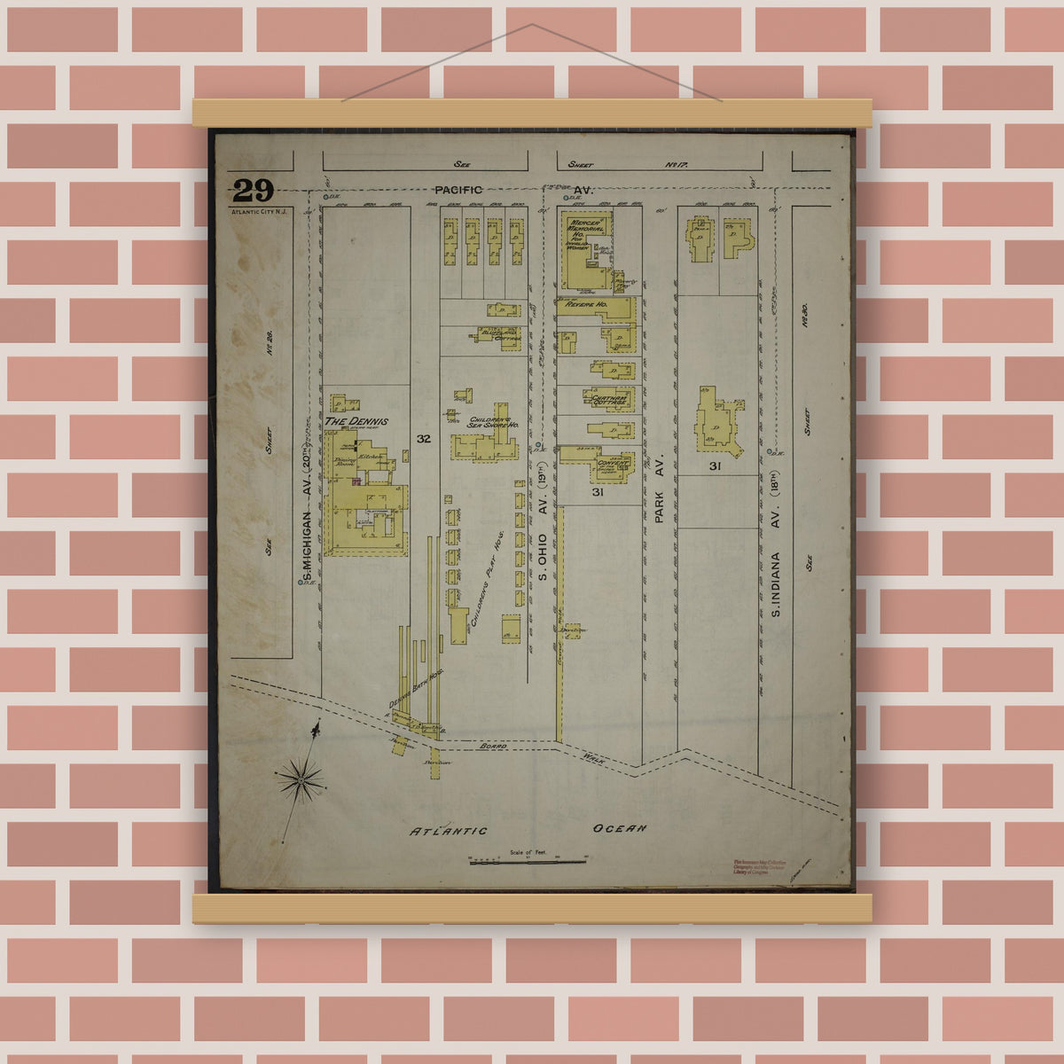 Old map wall art mockup — magnetic wood frame on brick wall — Sanborn Fire Insurance Map from Atlantic City, Atlantic County, New Jersey (1886), Sheet #0029