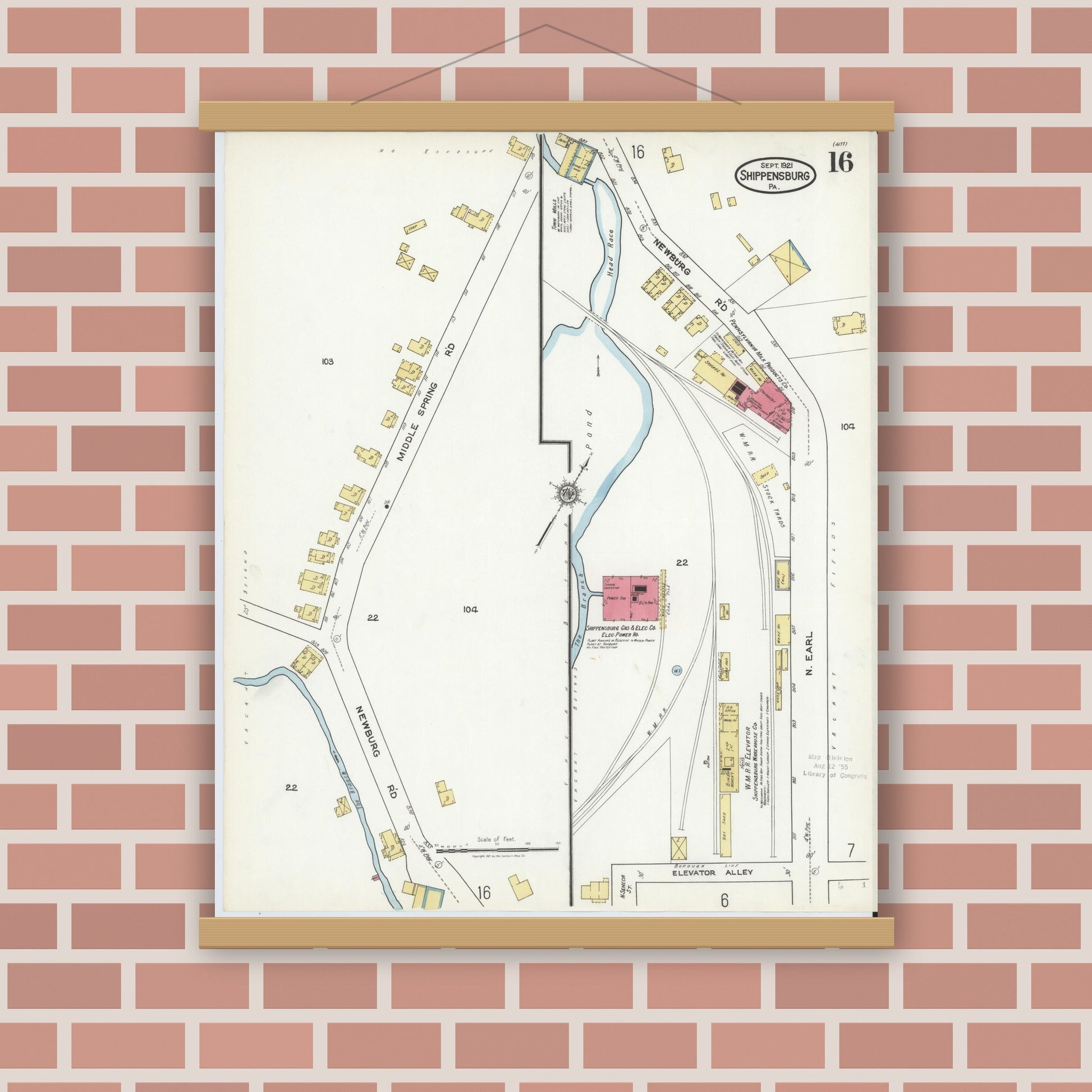 Old map wall art mockup — magnetic wood frame on brick wall — Sanborn Fire Insurance Map from Shippensburg, Cumberland And Franklin Counties, Pennsylvania (1921), Sheet #0016