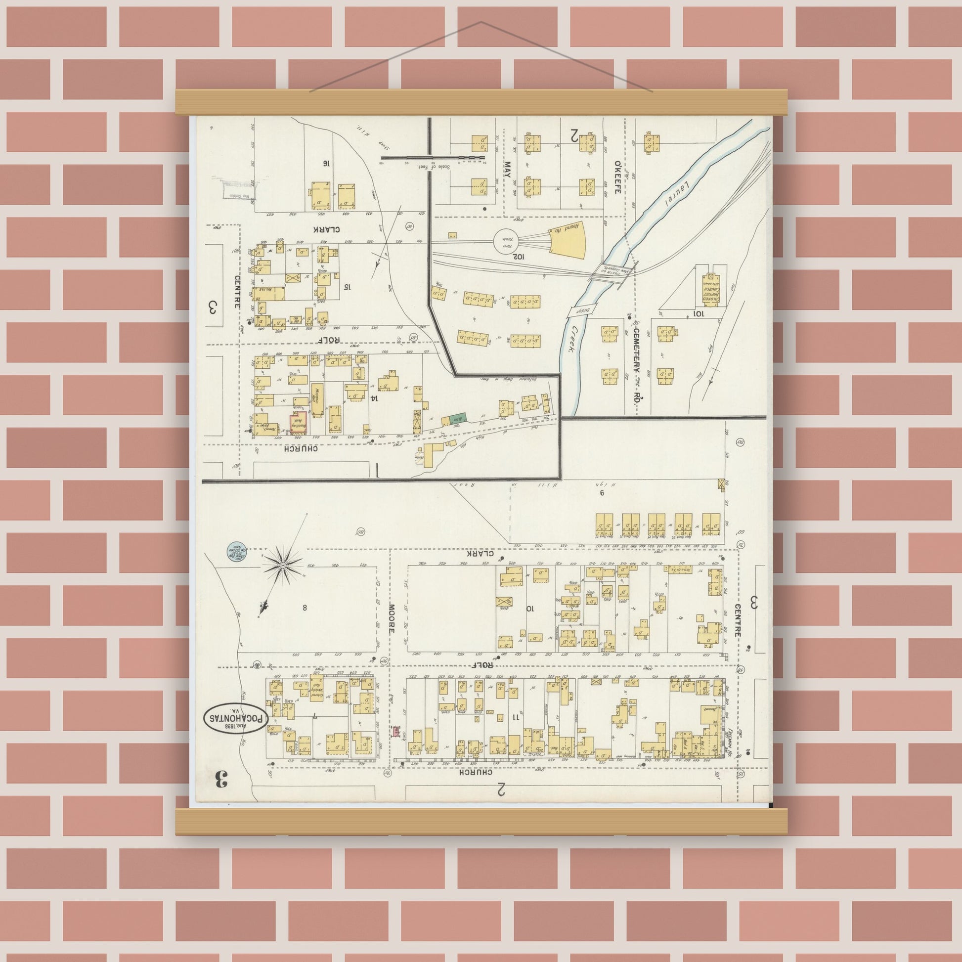 Old map wall art mockup — magnetic wood frame on brick wall — Sanborn Fire Insurance Map from Pocahontas, Tazewell County, Virginia (1898), Sheet #0003