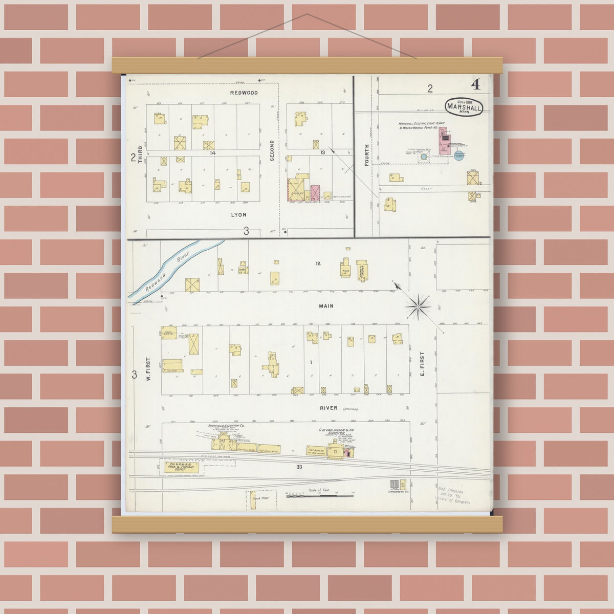 Old map wall art mockup — magnetic wood frame on brick wall — Sanborn Fire Insurance Map from Marshall, Lyon County, Minnesota (1896), Sheet #0004