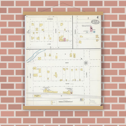 Old map wall art mockup — magnetic wood frame on brick wall — Sanborn Fire Insurance Map from Marshall, Lyon County, Minnesota (1896), Sheet #0004