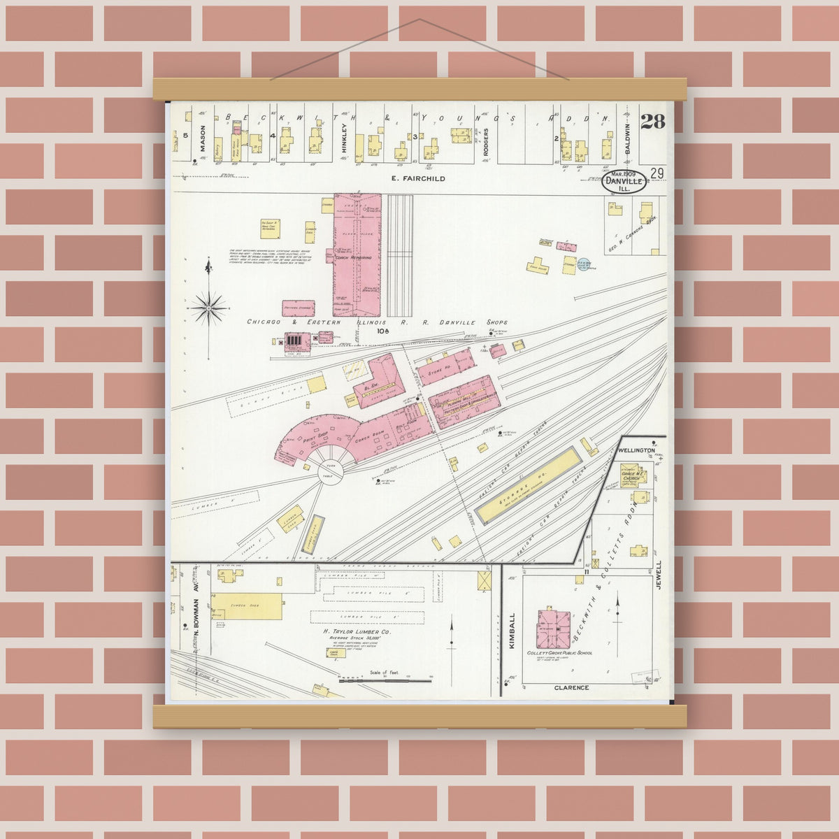 Old map wall art mockup — magnetic wood frame on brick wall — Sanborn Fire Insurance Map from Danville, Vermilion County, Illinois (1909), Sheet #0028
