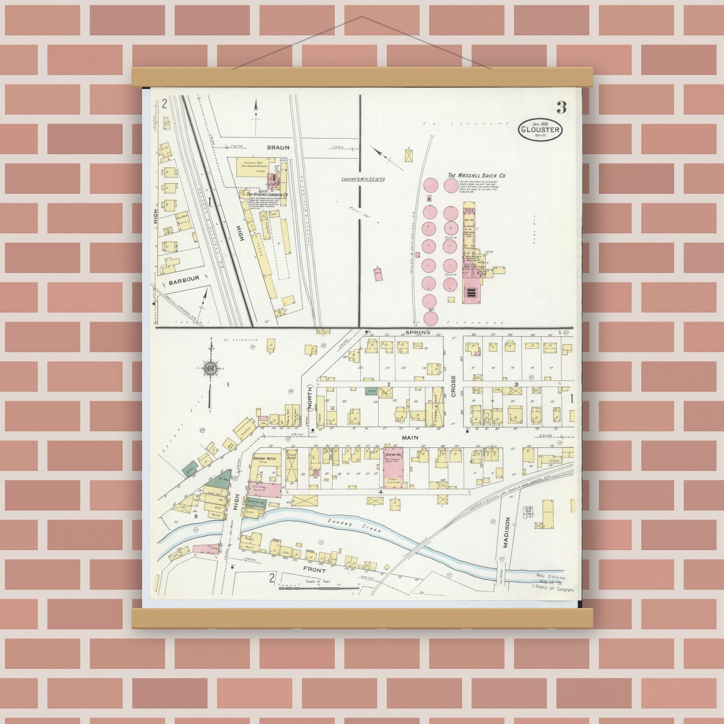 Old map wall art mockup — magnetic wood frame on brick wall — Sanborn Fire Insurance Map from Glouster, Athens County, Ohio (1910), Sheet #0003