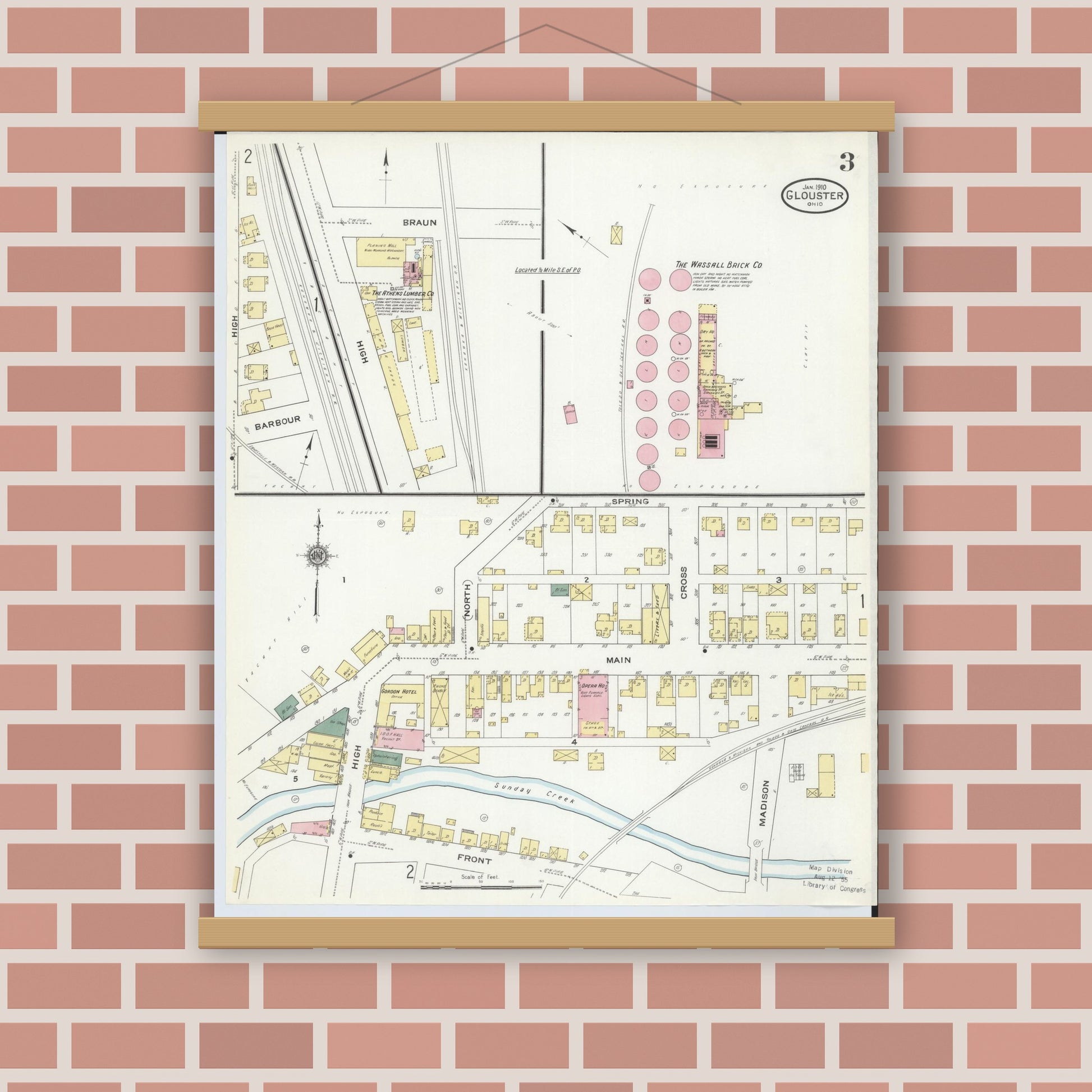 Old map wall art mockup — magnetic wood frame on brick wall — Sanborn Fire Insurance Map from Glouster, Athens County, Ohio (1910), Sheet #0003