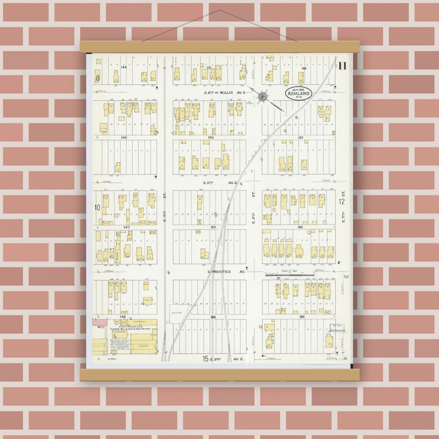 Old map wall art mockup — magnetic wood frame on brick wall — Sanborn Fire Insurance Map from Ashland, Ashland County, Wisconsin (1909), Sheet #0011