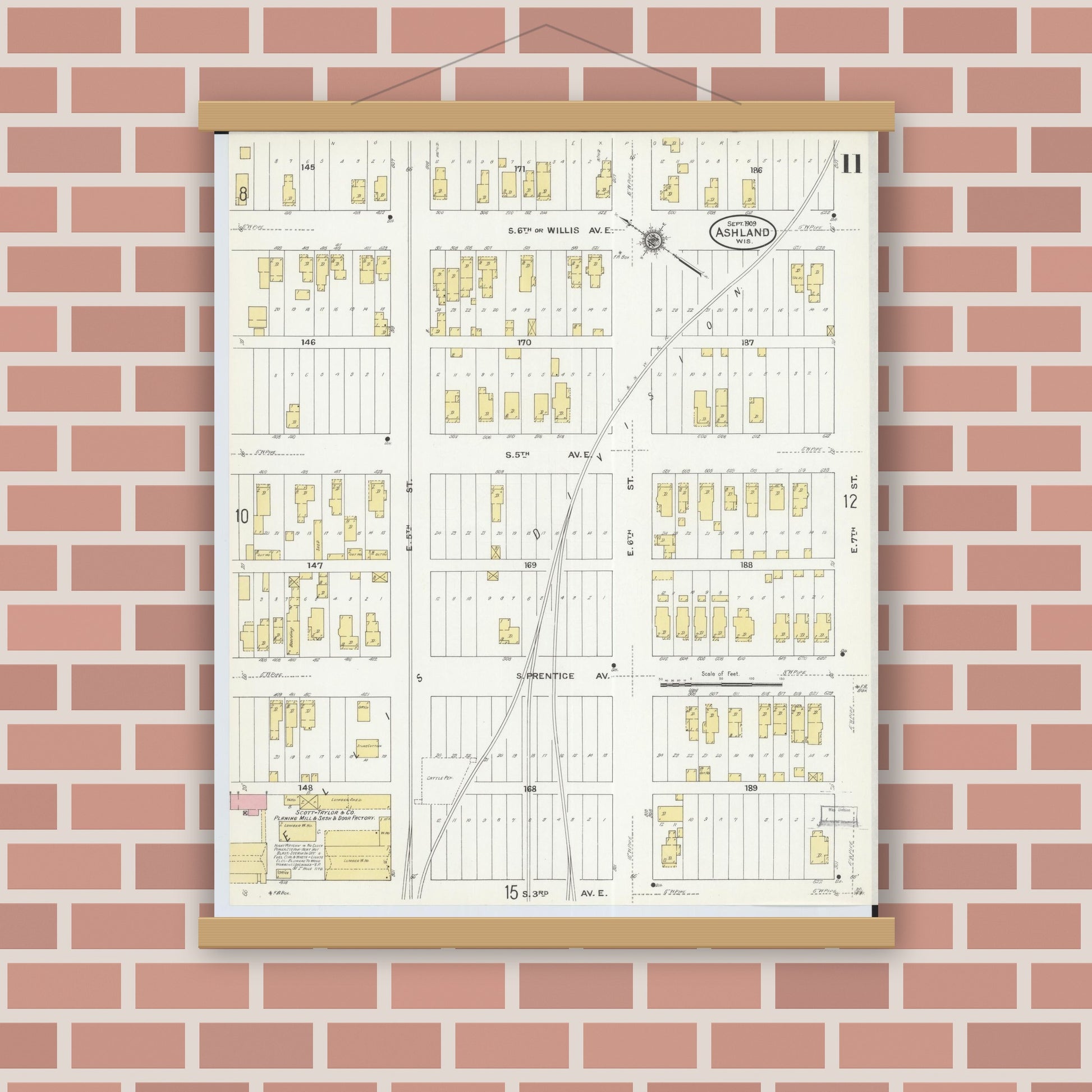 Old map wall art mockup — magnetic wood frame on brick wall — Sanborn Fire Insurance Map from Ashland, Ashland County, Wisconsin (1909), Sheet #0011