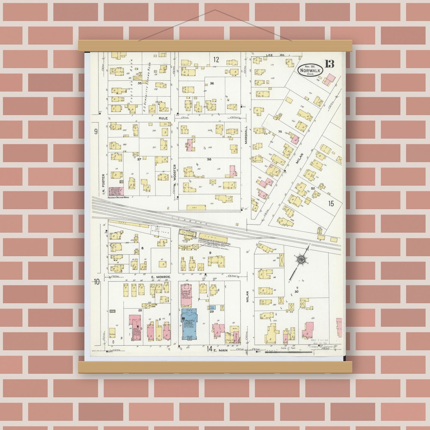 Old map wall art mockup — magnetic wood frame on brick wall — Sanborn Fire Insurance Map from Norwalk, Huron County, Ohio (1911), Sheet #0013