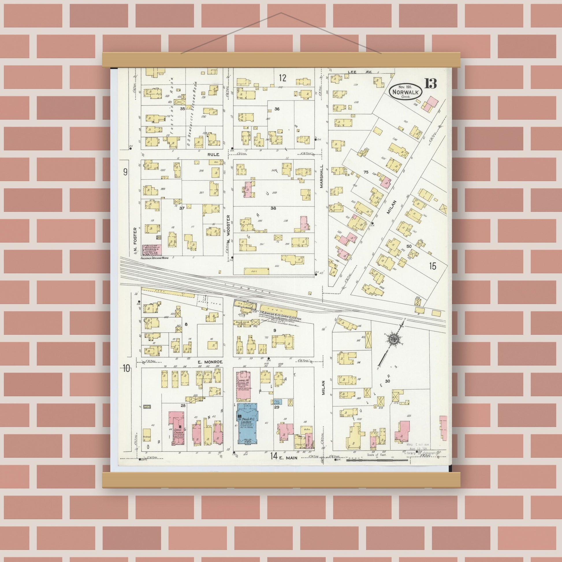 Old map wall art mockup — magnetic wood frame on brick wall — Sanborn Fire Insurance Map from Norwalk, Huron County, Ohio (1911), Sheet #0013