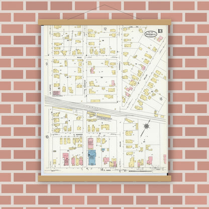 Old map wall art mockup — magnetic wood frame on brick wall — Sanborn Fire Insurance Map from Norwalk, Huron County, Ohio (1911), Sheet #0013