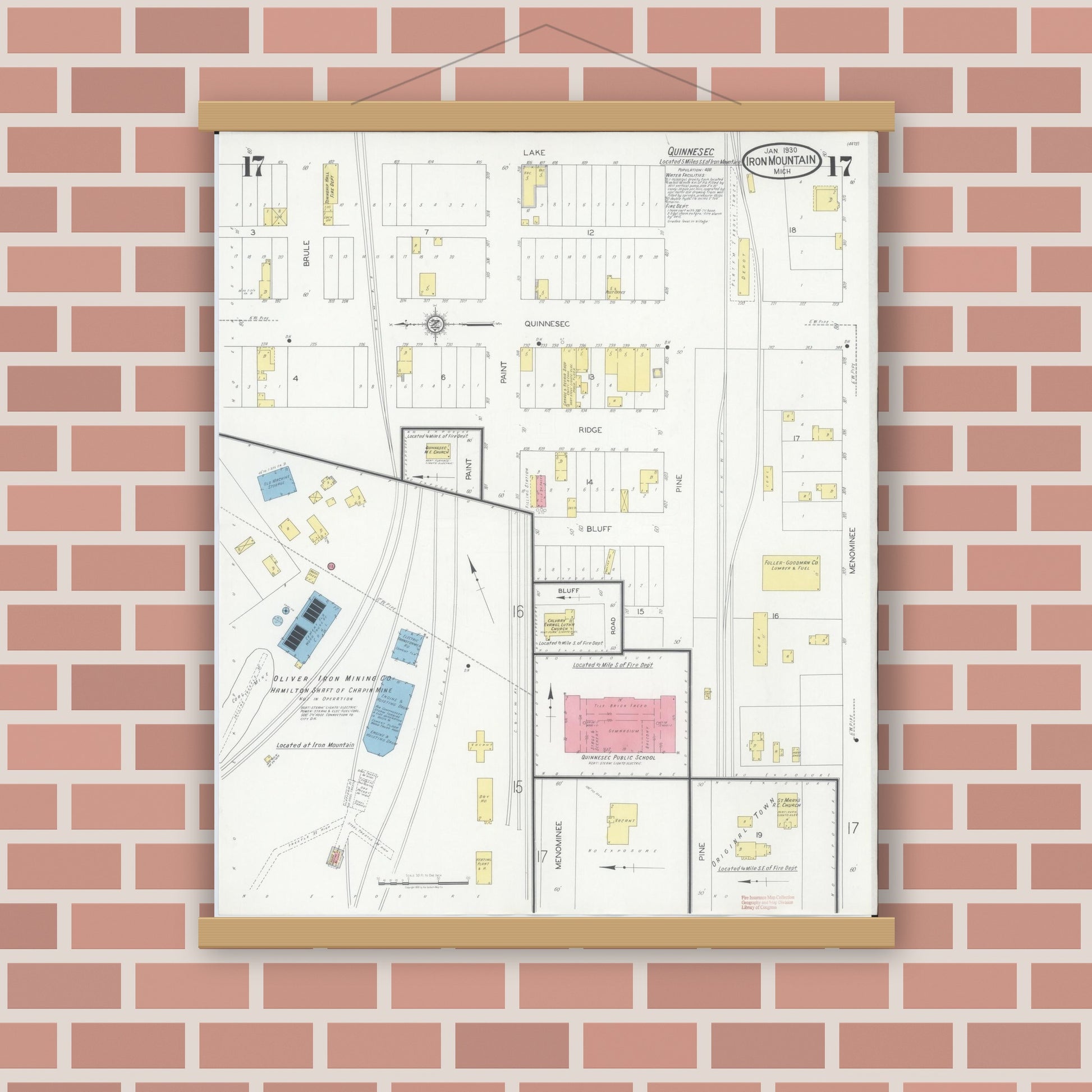 Old map wall art mockup — magnetic wood frame on brick wall — Sanborn Fire Insurance Map from Iron Mountain, Dickinson County, Michigan (1930), Sheet #0017