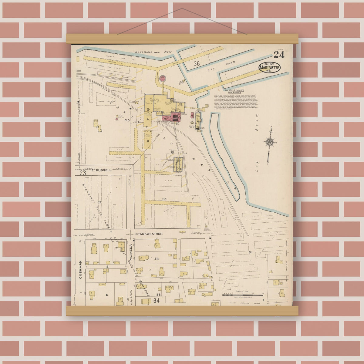 Old map wall art mockup — magnetic wood frame on brick wall — Sanborn Fire Insurance Map from Marinette, Marinette County, Wisconsin (1921), Sheet #0024