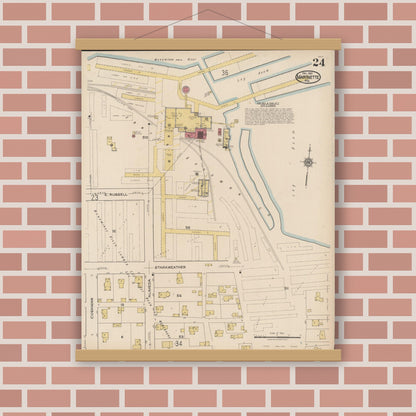 Old map wall art mockup — magnetic wood frame on brick wall — Sanborn Fire Insurance Map from Marinette, Marinette County, Wisconsin (1921), Sheet #0024
