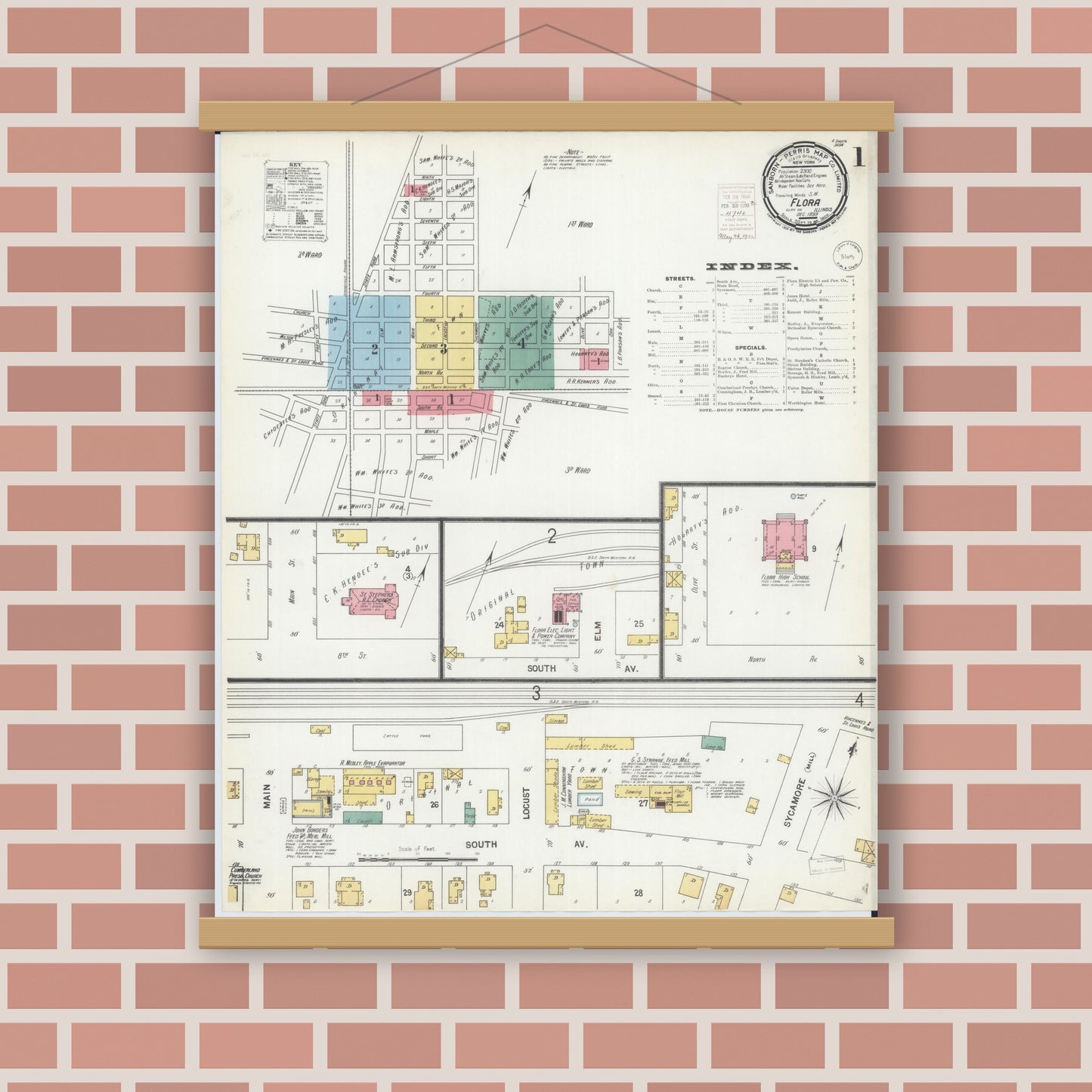 Old map wall art mockup — magnetic wood frame on brick wall — Sanborn Fire Insurance Map from Flora, Clay County, Illinois (1899) - Complete Map Set