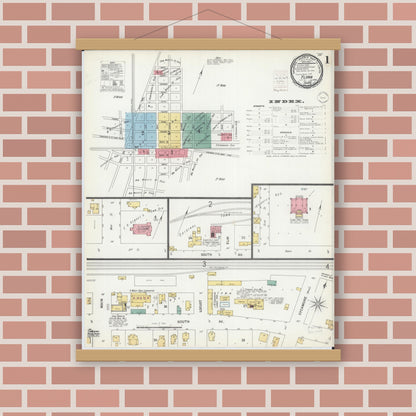 Old map wall art mockup — magnetic wood frame on brick wall — Sanborn Fire Insurance Map from Flora, Clay County, Illinois (1899) - Complete Map Set