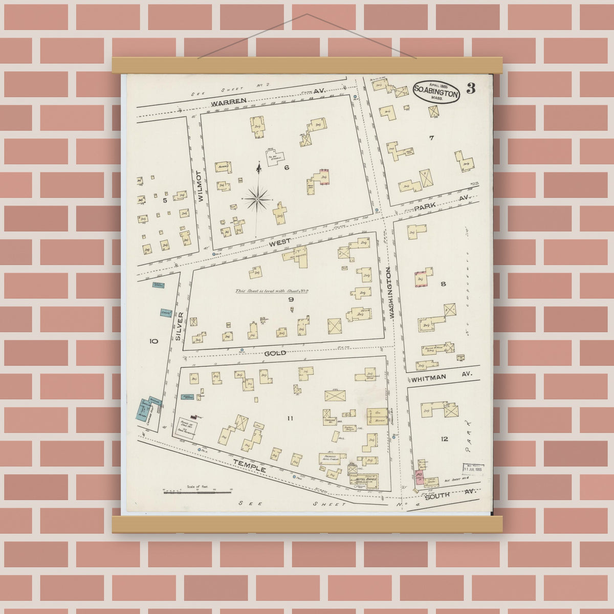 Old map wall art mockup — magnetic wood frame on brick wall — Sanborn Fire Insurance Map from South Abington, Plymouth County, Massachusetts (1885), Sheet #0003