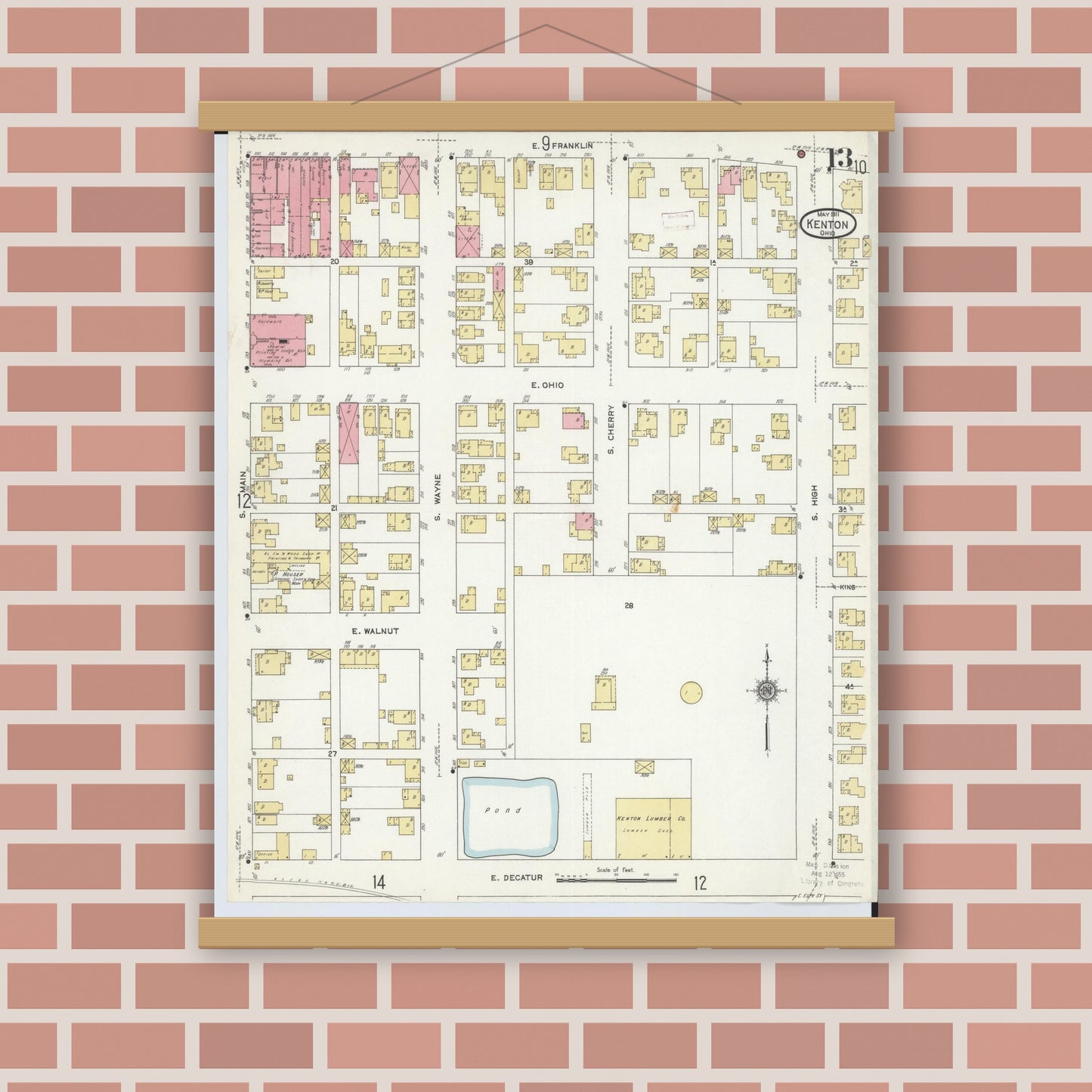 Old map wall art mockup — magnetic wood frame on brick wall — Sanborn Fire Insurance Map from Kenton, Hardin County, Ohio (1911), Sheet #0013