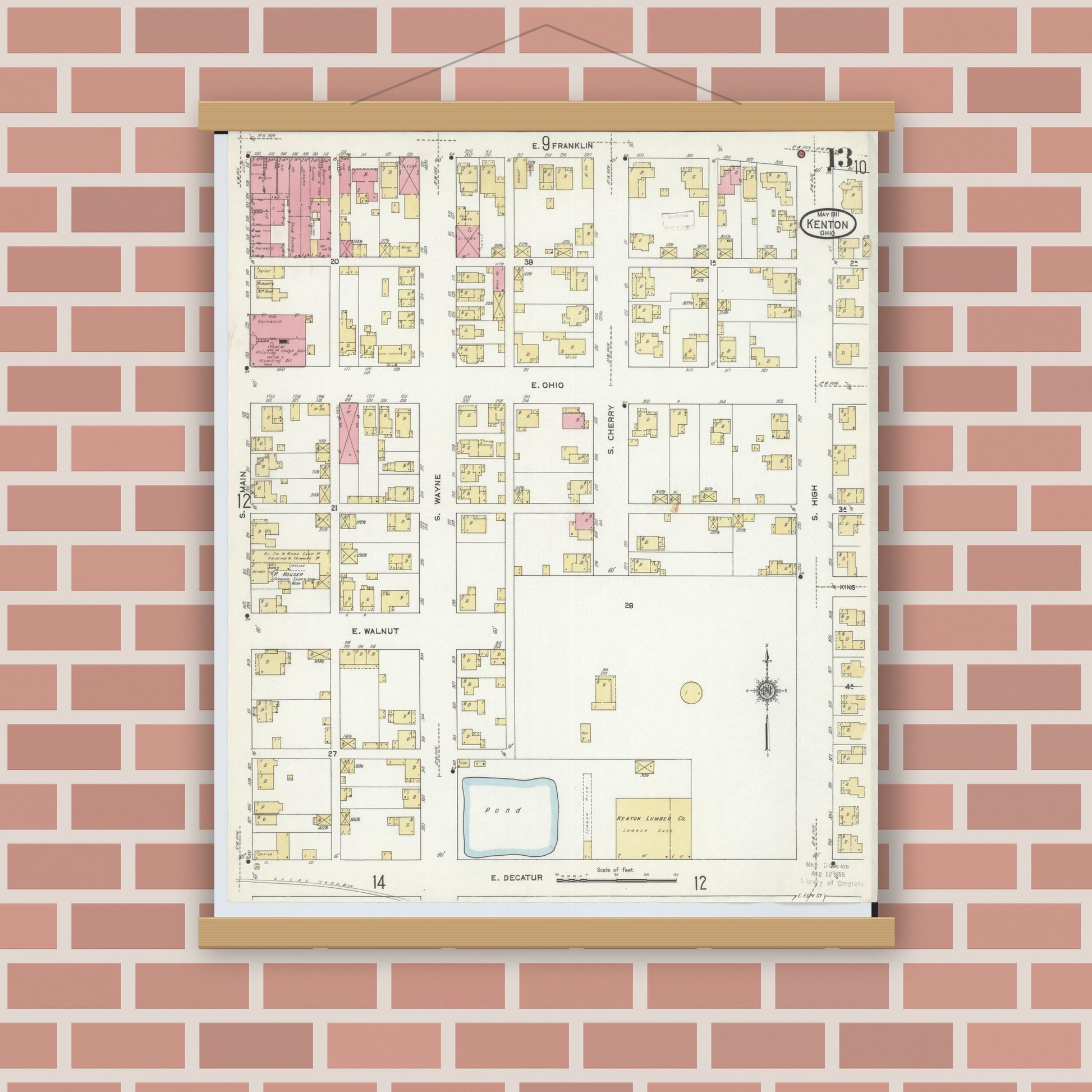 Old map wall art mockup — magnetic wood frame on brick wall — Sanborn Fire Insurance Map from Kenton, Hardin County, Ohio (1911), Sheet #0013