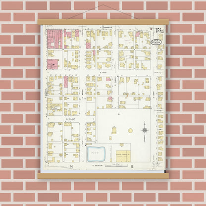 Old map wall art mockup — magnetic wood frame on brick wall — Sanborn Fire Insurance Map from Kenton, Hardin County, Ohio (1911), Sheet #0013