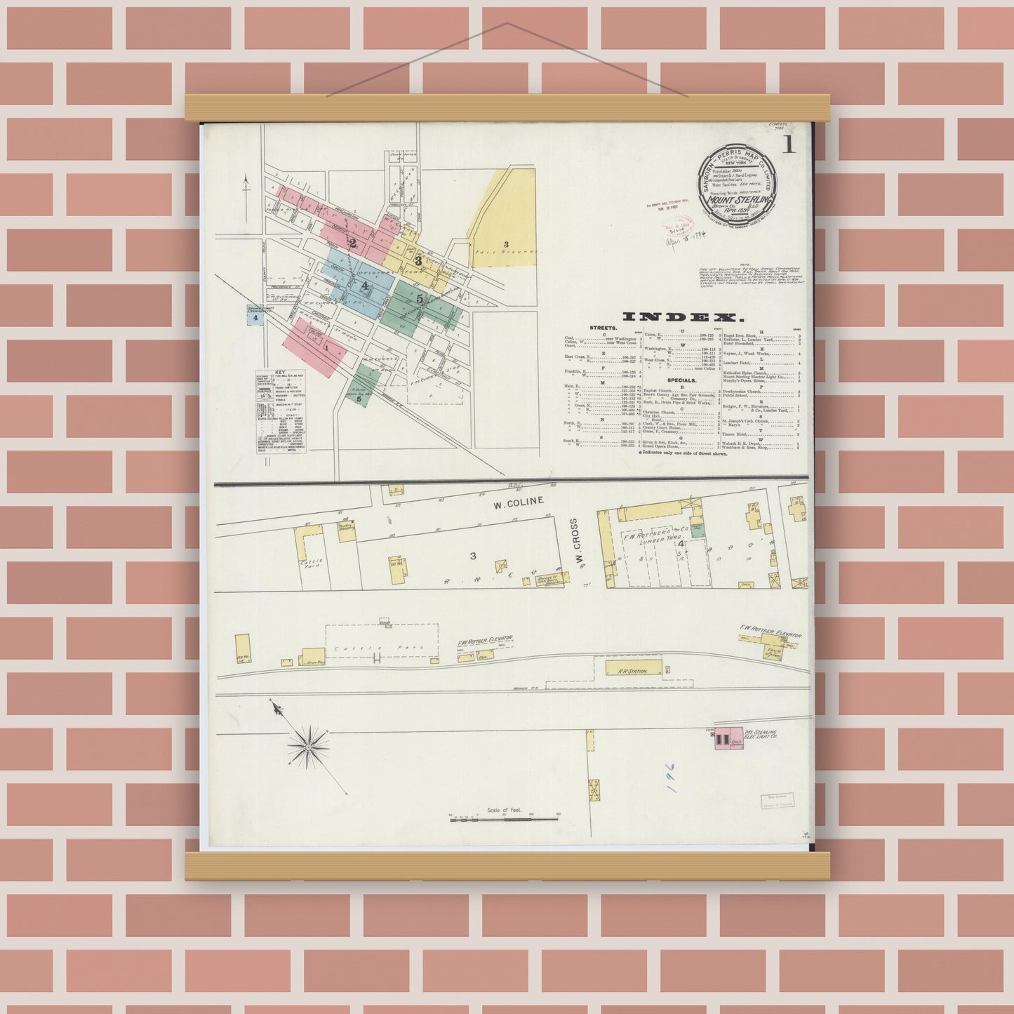 Old map wall art mockup — magnetic wood frame on brick wall — Sanborn Fire Insurance Map from Mount Sterling, Brown County, Illinois (1894) - Complete Map Set