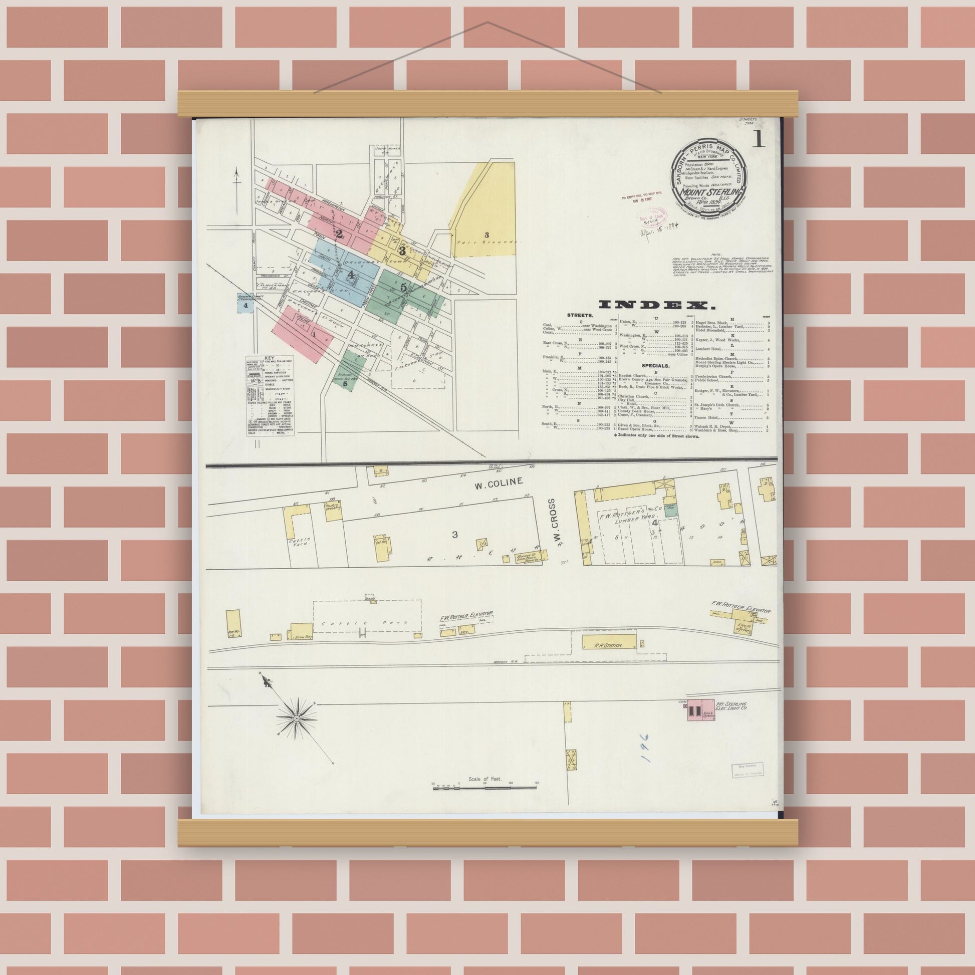 Old map wall art mockup — magnetic wood frame on brick wall — Sanborn Fire Insurance Map from Mount Sterling, Brown County, Illinois (1894) - Complete Map Set