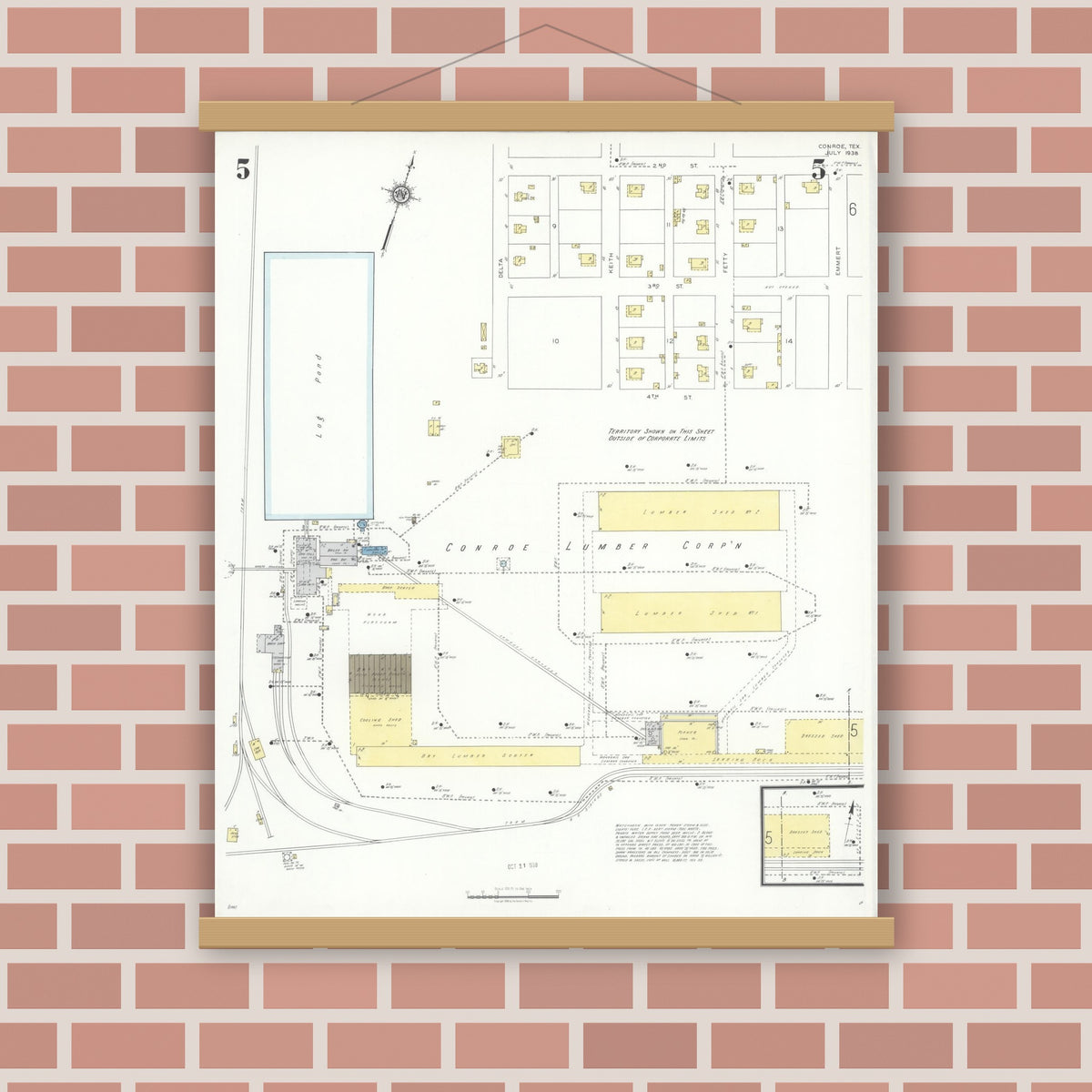 Old map wall art mockup — magnetic wood frame on brick wall — Sanborn Fire Insurance Map from Conroe, Montgomery County, Texas (1938), Sheet #0005