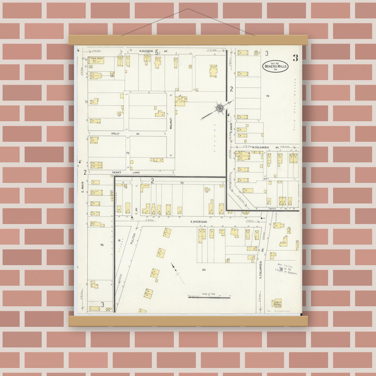 Old map wall art mockup — magnetic wood frame on brick wall — Sanborn Fire Insurance Map from Miners Mills, Luzerne County, Pennsylvania (1911), Sheet #0003
