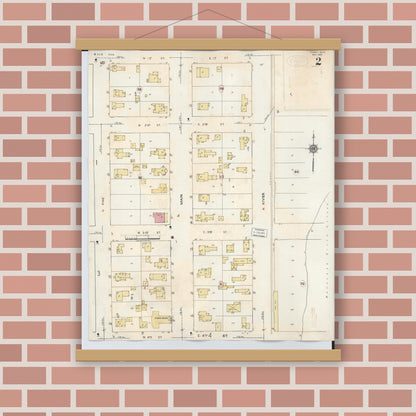 Old map wall art mockup — magnetic wood frame on brick wall — Sanborn Fire Insurance Map from Evart, Osceola County, Michigan (1942), Sheet #0002