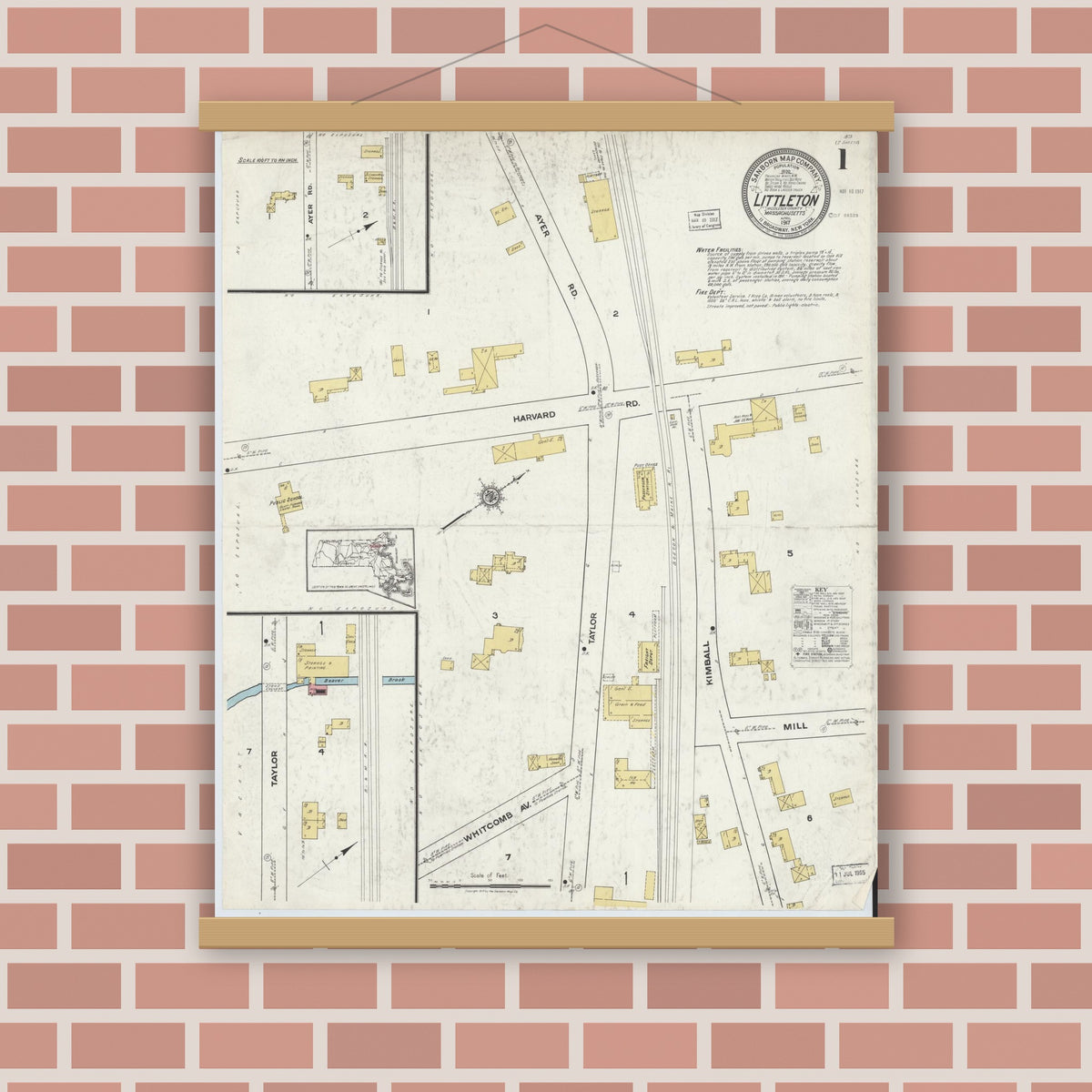 Old map wall art mockup — magnetic wood frame on brick wall — Sanborn Fire Insurance Map from Littleton, Middlesex County, Massachusetts (1917) - Complete Map Set