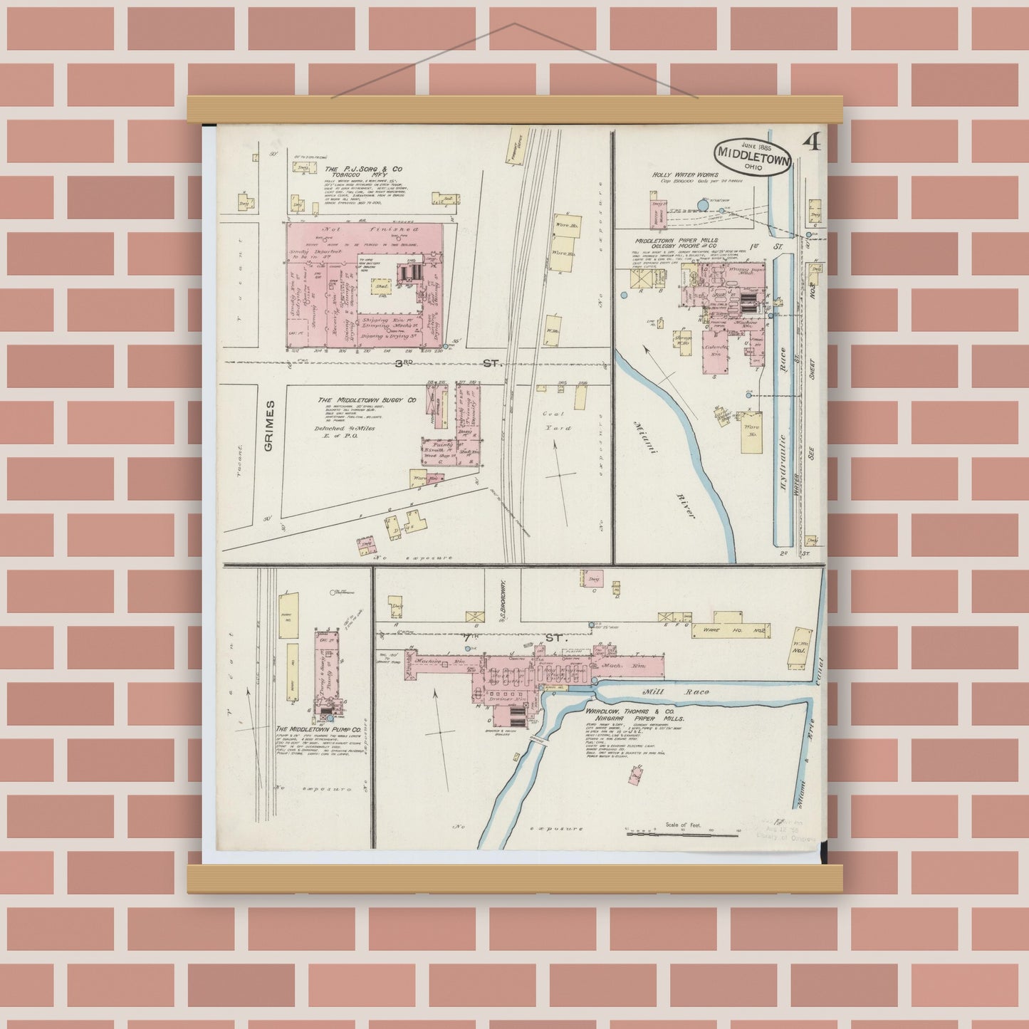 Old map wall art mockup — magnetic wood frame on brick wall — Sanborn Fire Insurance Map from Middletown, Butler County, Ohio (1885), Sheet #0004