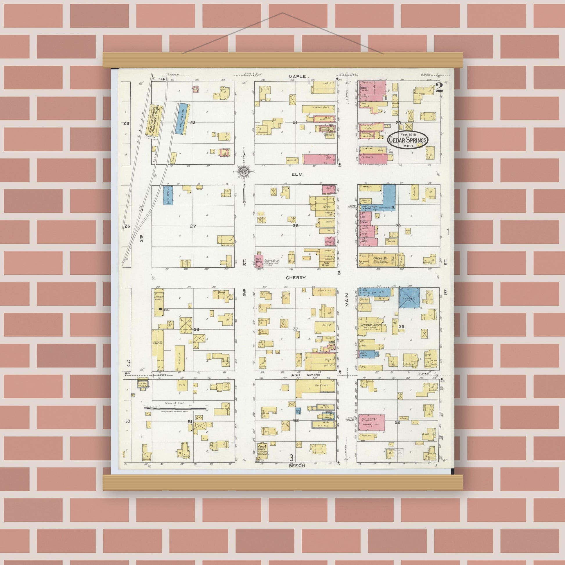 Old map wall art mockup — magnetic wood frame on brick wall — Sanborn Fire Insurance Map from Cedar Springs, Kent County, Michigan (1918), Sheet #0002